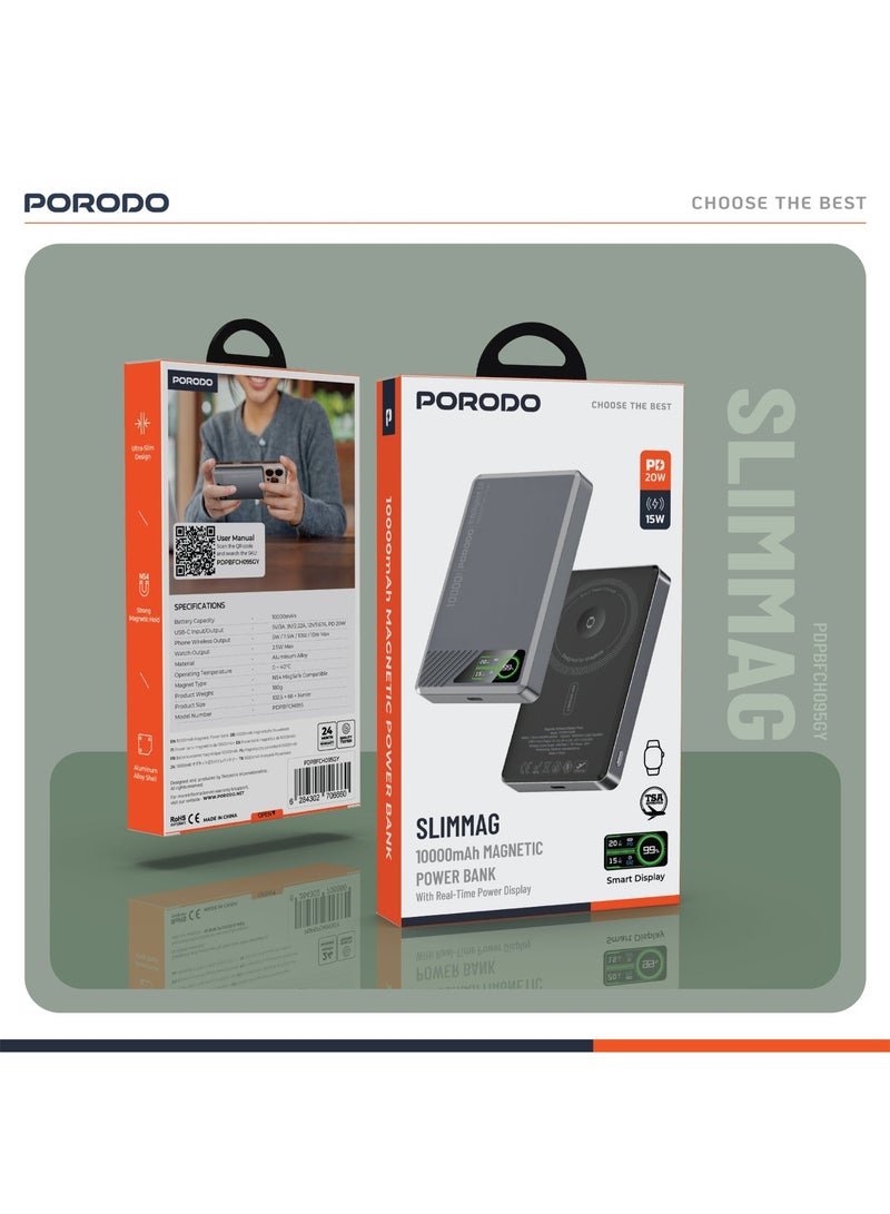 porodo SlimMag Magnetic Power Bank 10000mAh Battery with Real-Time Power Display and PD 20W / Fast Charger MagSafe Powerbank 10000 mAh / Strong Magnetic Hold - Grey - Image 5